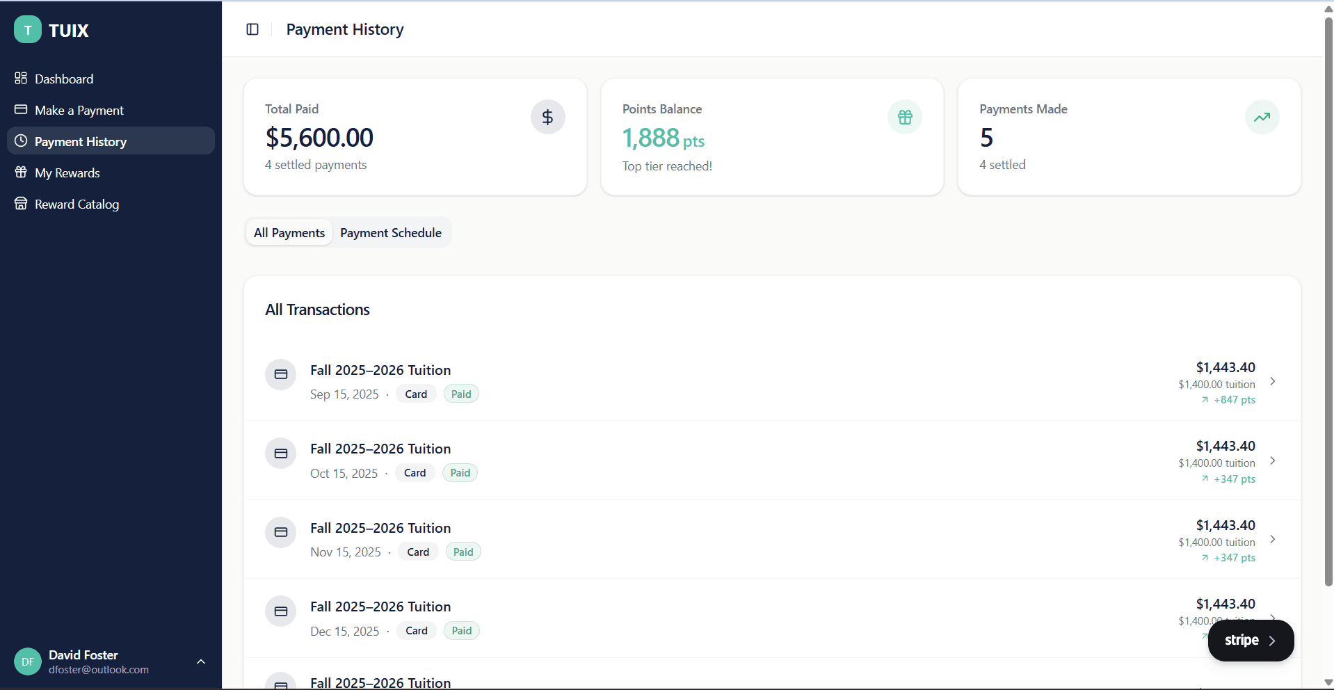 Payment history showing each installment with points earned per payment