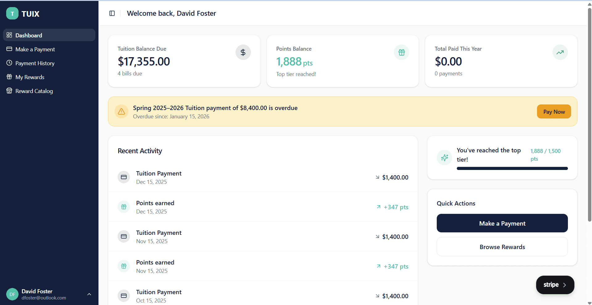 Family portal showing tuition balance due, rewards points balance, recent payment activity and upcoming bills